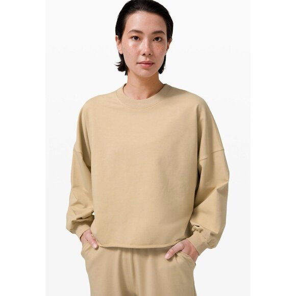 Lululemon La Boxy Crew Neck Top Women 10 Beige Raw Rolled Hem Athleisure Casual - Picture 7 of 7